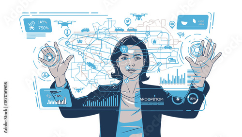 Woman Interacting with Virtual Data Interface.