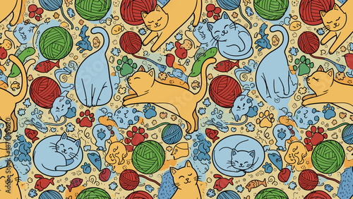 Colorful whimsical pattern of cats and balls in various textures and hues on a yellow background