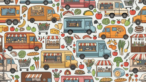 Colorful food truck icons with fruits and vegetables