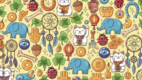 Colorful whimsical pattern featuring various symbolic objects and animals on yellow background