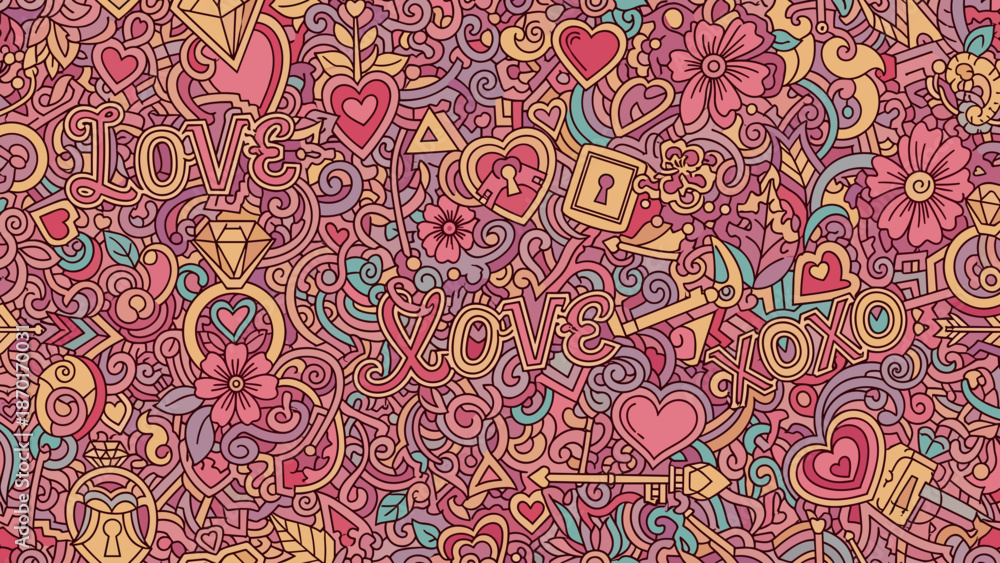 Naklejka premium Vibrant pink background with colorful hearts, flowers, and jewelry patterns
