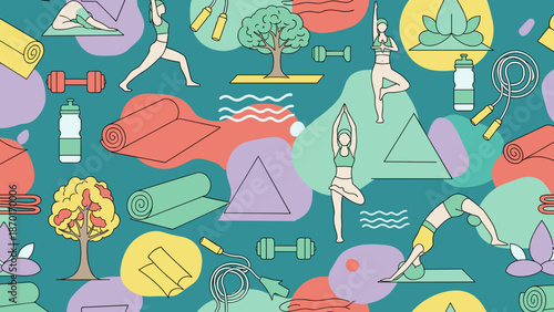 Vibrant illustration of various yoga and fitness elements on teal background with colorful shapes and icons