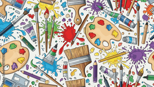 Colorful painting supplies and tools scattered on a white surface with paint splatters everywhere