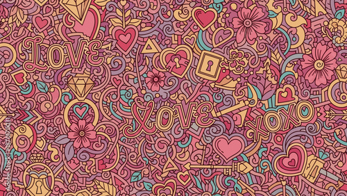 Vibrant pink background with colorful hearts, flowers, and jewelry patterns