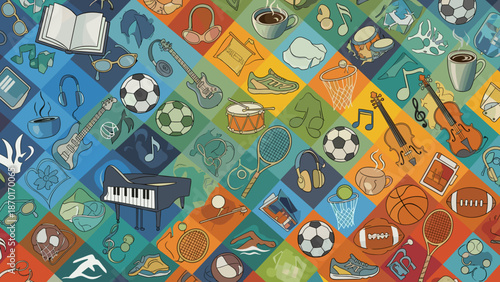 Vibrant collage of various sports equipment and musical instruments in colorful tiles