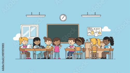 Diverse group of young students learning together in a classroom setting.