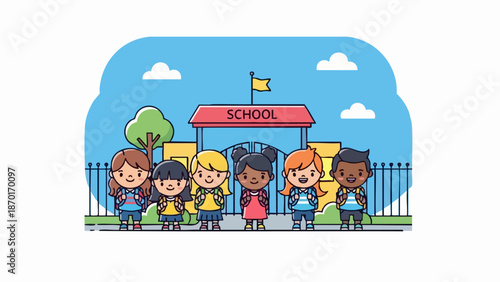 Group of diverse students standing in front of school building.