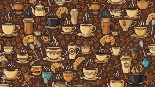 A vibrant seamless pattern of steaming coffee cups and beans on a brown background with various coffee related items