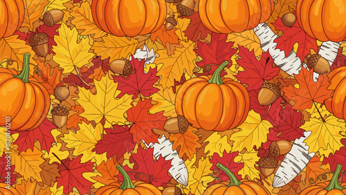 Vibrant autumn leaves and pumpkins seamless pattern with acorns and feathers on colorful background