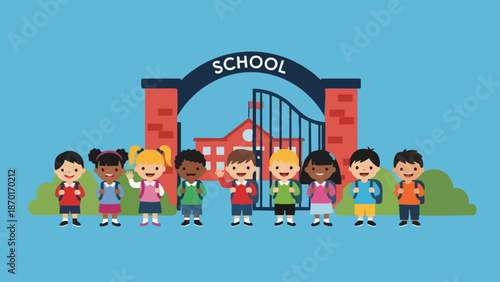 Diverse Group of Children Standing in Front of School Gate Illustration.
