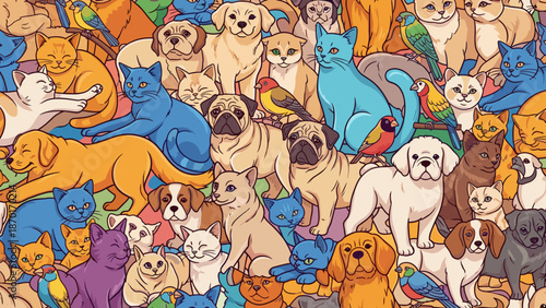 Colorful illustration of various dog breeds and cats together in a lively scene