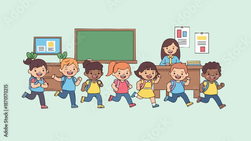 Excited Students Running from Classroom with Teacher at Desk.
