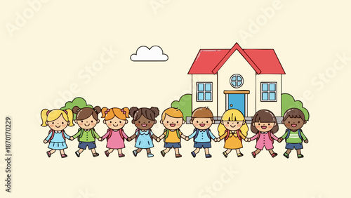 Group of diverse children holding hands in front of school.