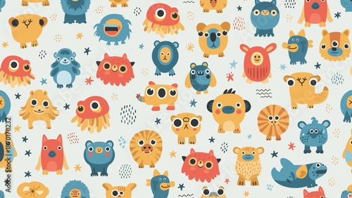 Colorful cartoon monsters with stars on a textured cream background