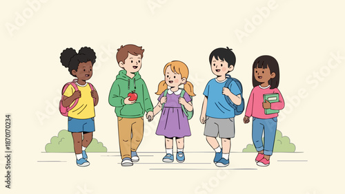 Diverse group of happy school children walking together illustration.