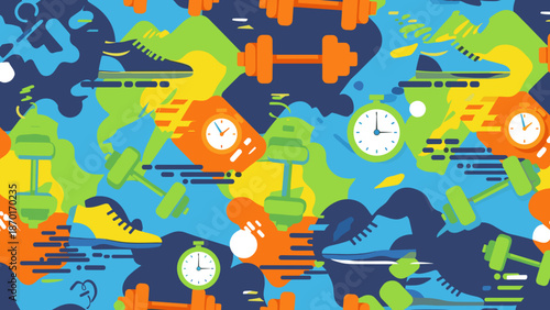 Vibrant seamless pattern of fitness icons and silhouettes in various colors and shapes on blue background