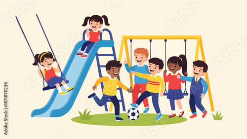 Children playing on a playground with a slide, swings, and a soccer ball.