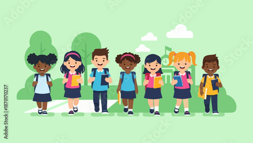 Diverse group of elementary school students walking together outdoors.