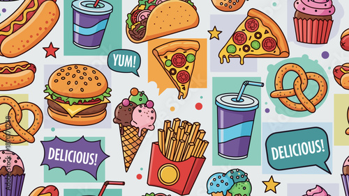 Colorful illustration of various fast food items on a with text