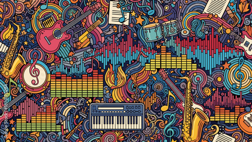 Vibrant music instruments and notes in colorful abstract composition with keyboard and guitar
