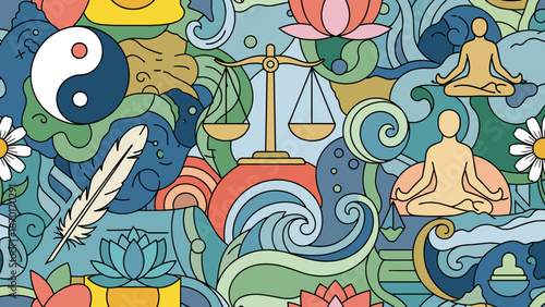 Vibrant illustration of various meditation and yoga symbols in a swirling colorful pattern