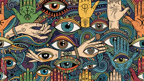 Vibrant illustration of multiple eyes and hands with colorful patterns and symbols