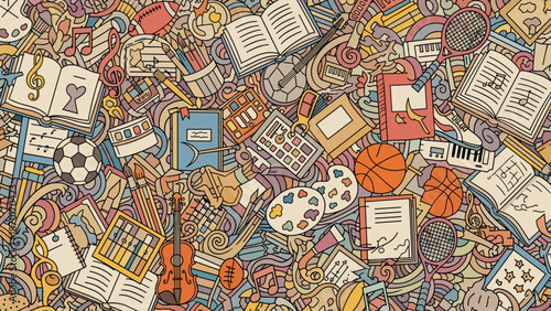 Colorful collage of various school supplies and objects for education