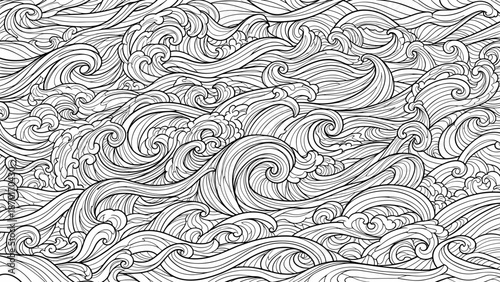 Black and white illustration of swirling wave patterns in a decorative style