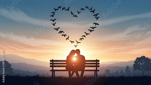Couple Silhouettes on Bench at Sunset, Birds Form Heart Shape in Sky
