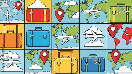Colorful illustration of various suitcases and travel icons on maps and clouds