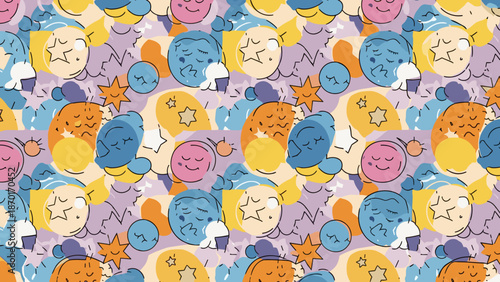 Colorful whimsical pattern of smiling celestial objects and stars on purple background