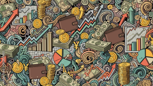 Colorful illustration of various business and finance elements in a chaotic pattern