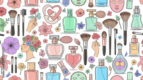 Colorful illustration of various makeup products and accessories