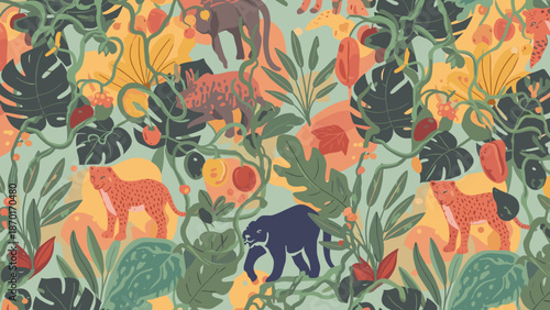 Vibrant jungle pattern with exotic animals and lush foliage in colorful design