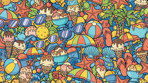 Vibrant summer beach pattern with cartoon characters and colorful objects