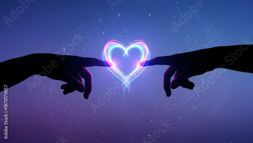 Two Hands Reaching, Touching, Creating Heart Shape with Neon Light Energy