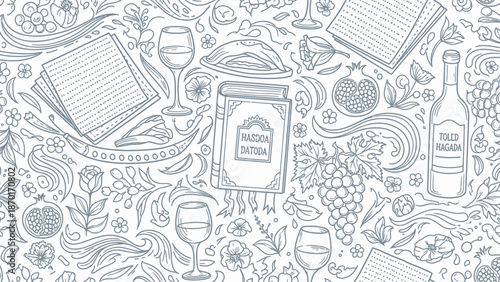 Passover Celebration Seamless Pattern with Matzah, Wine, Grapes, and Pomegranate