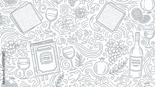 Passover Seder Plate Items, Matzah, Wine, and Haggadah Seamless Pattern Background