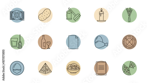 Collection of Vintage Icons Representing Food, Household Chores, and Historical Elements