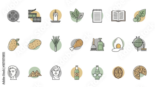 Collection of Vintage-Style Icons Representing Diverse Concepts and Objects