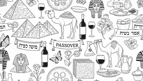 Seamless Pattern with Egyptian Pyramids, Camels, Pharaohs, and Passover Symbols