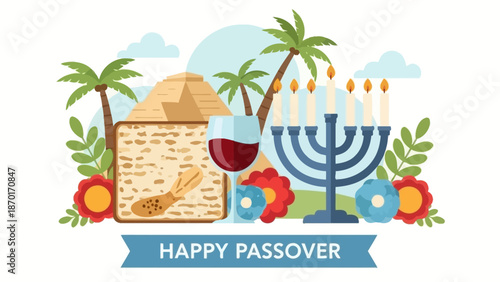 Happy Passover illustration with matzah, wine, menorah, pyramids, and palm trees