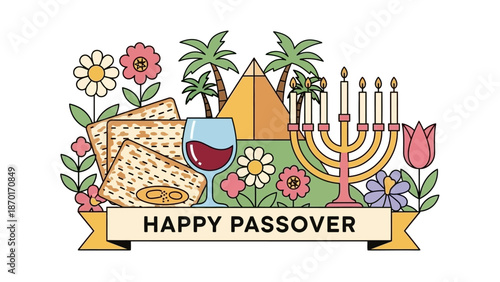 Happy Passover Celebration with Matzah, Wine, Menorah, Pyramids and Flowers