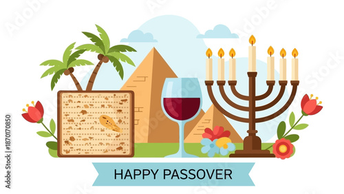 Happy Passover Concept with Egyptian Pyramids, Matzah, Wine and Menorah