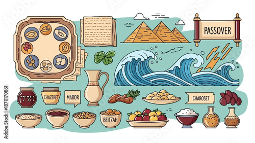 Passover Symbols and Food: Seder Plate, Matzah, Waves, Pyramids, and Wine