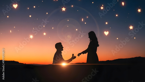 Man Proposing to Woman Silhouette Under Starry Sunset Sky with Heart Lights, Romantic Gesture
