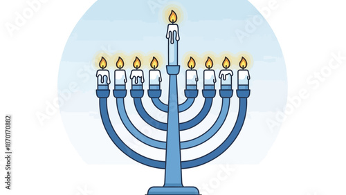 Illuminated Hanukkah Menorah with Burning Candles on a Blue Background