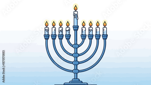 Illuminated Hanukkah Menorah with Nine Burning Candles Against a Blue Gradient Background