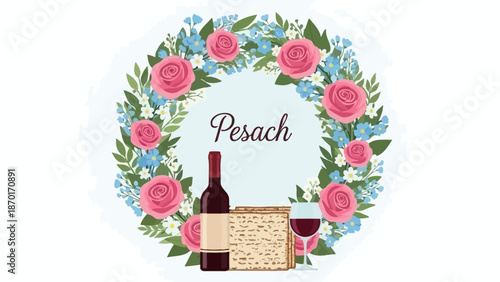 Pesach Celebration: Wine, Matzah, and Flowers for Passover Holiday
