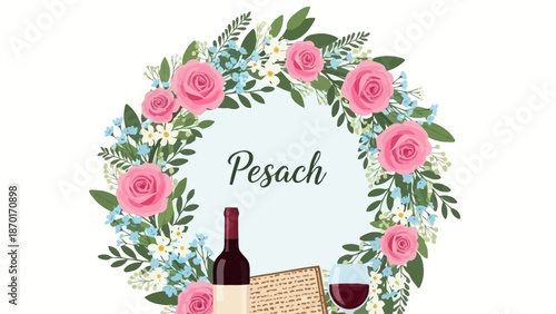 Elegant Pesach Wreath with Wine, Matzah, and Roses for Jewish Holiday Celebration